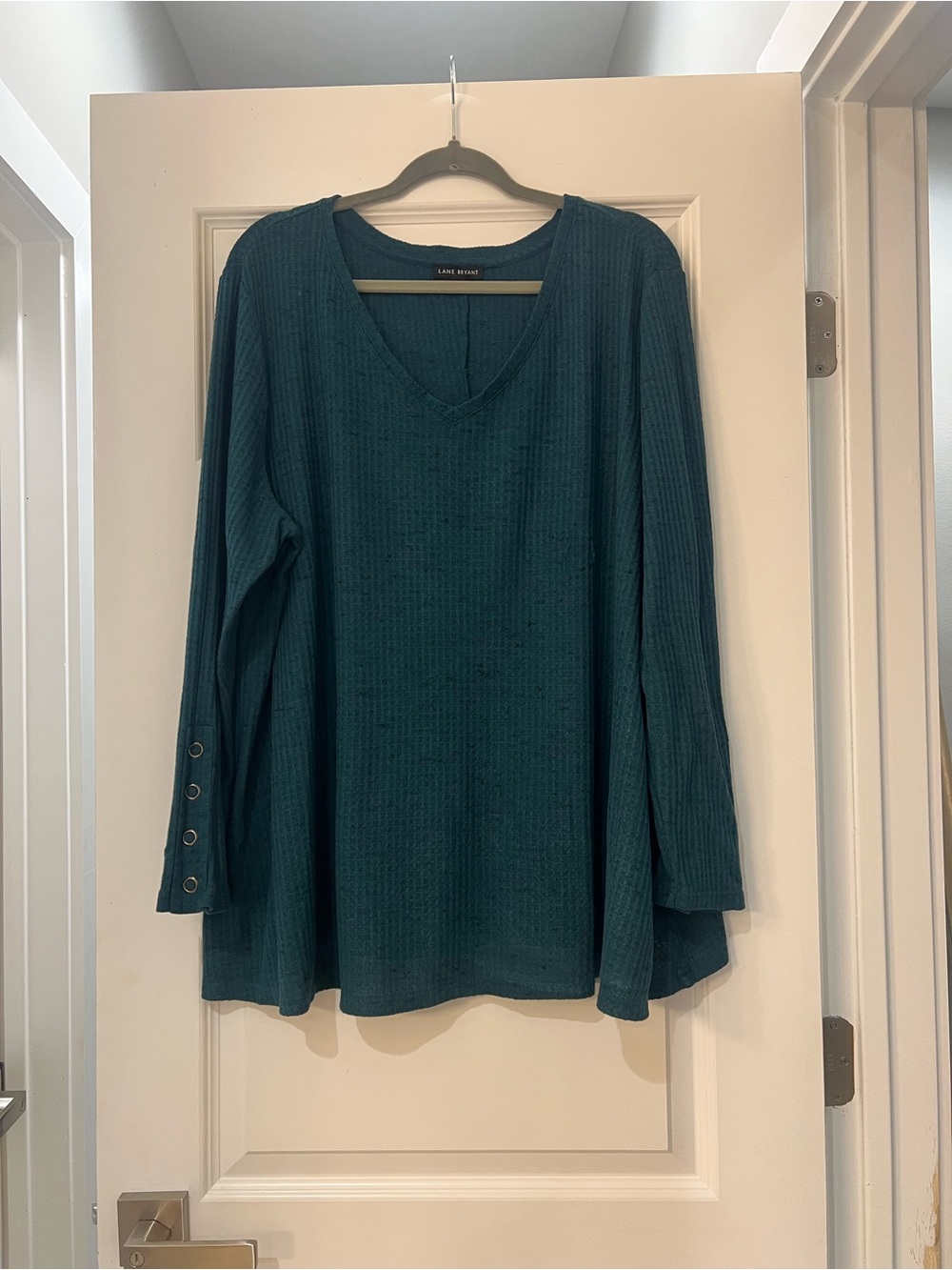 Lane Bryant Women’s Plus 22/24 Teal Waffle Knit V-Neck Tunic Top Grommet Sleeves